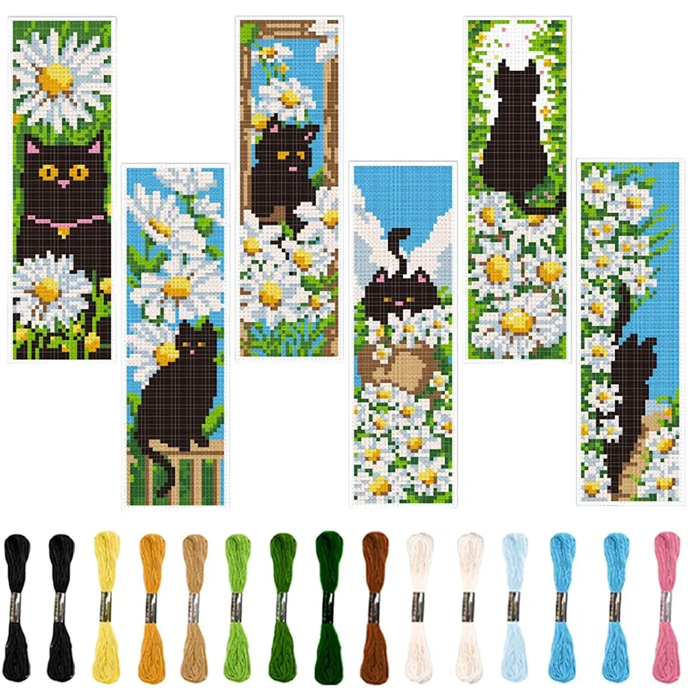 6-Piece Cat and Daisy Cross Stitch Bookmark Kit, Beginner-Friendly Fabric Bookmarks, Sewing Set with Random Colors, Unique Home Decor Gift