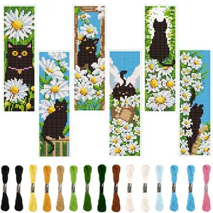 6-Piece Cat and Daisy Cross Stitch Bookmark Kit, Beginner-Friendly Fabric Bookmarks, Sewing Set with Random Colors, Unique Home Decor Gift