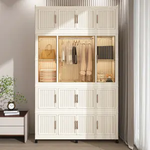 Creamy White Portable Wardrobe Closet, 17 Magnetic Doors & 17 Cubes, 1 Hanging Rod 6 Hangers, 48×17.72×77.17in, American Luxury Modern PP Primary Living Space Storage