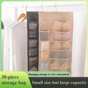 30-grid double-sided hanging underwear storage bag, 12 front pockets, 18 back pockets, wall-mounted, foldable organizer for dresses and shorts, ideal for travel storage and closet protection, for dorm rooms, Travel clothes organizer