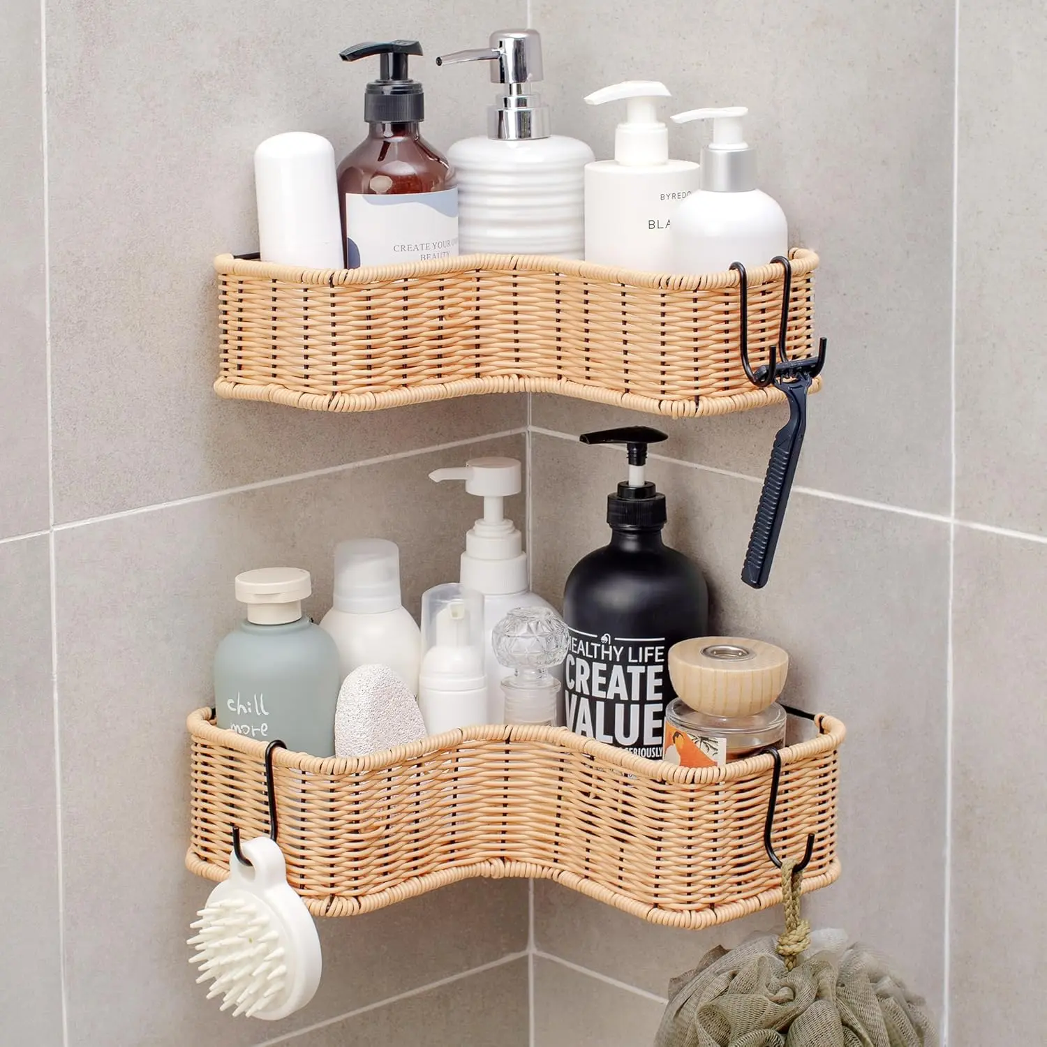 Corner Shower Caddy, 2 Pack Rustproof Corner Shelves, Wicker Shower Organizers and Storage, Inside Shower Shelf for Home Decor