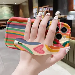 Rainbow Stripe Heart Wrist Strap Phone Case, Rainbow Print, Full Protection, Anti-Scratch, Shockproof, for iPhone 17/16/15/14/13/12/11 Pro Max