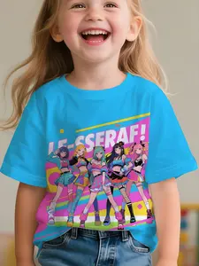 Girls' Short Sleeve T-Shirt, 3D Girl Group Print, Trendy Loose Fit Top, Summer Street Fashion, Casual All over Print Tee