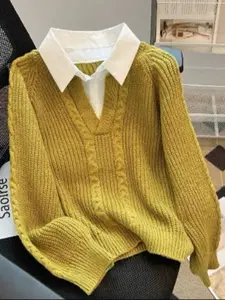 Women's Mock Layered Collared Cable Knit Sweater, Preppy Style Long Sleeve Pullover Jumper, Women's Warm Knitwear Top for Fall & Winter, Sweaters for Women