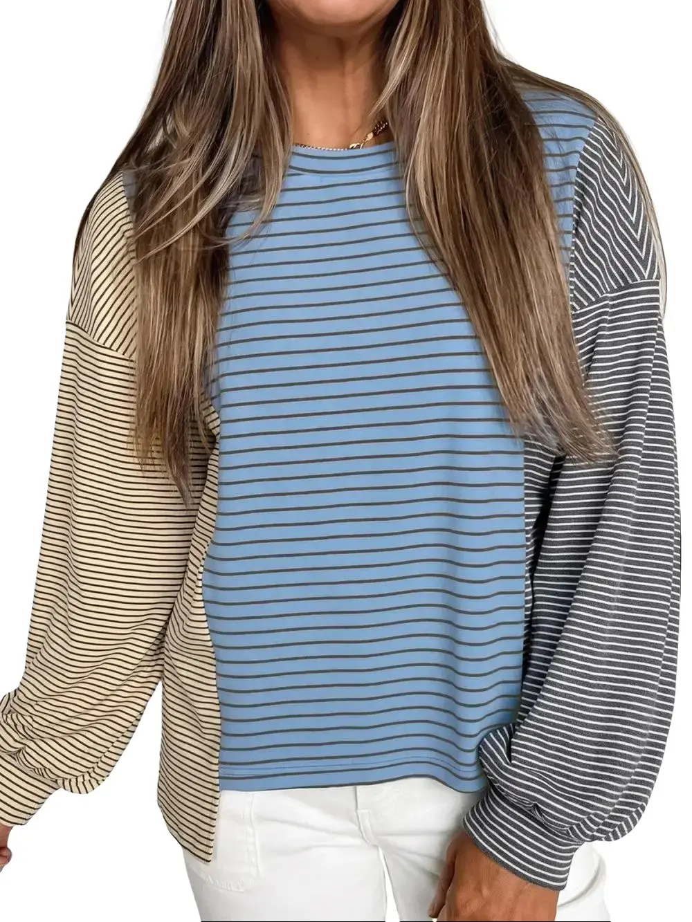 PHEFEE Women's Long Sleeve Tops Color Block Striped Pullover Casual Crewneck Loose Fit Tunic Blouse Breathable Hoodie