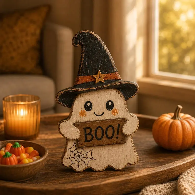 Vintage Halloween Ghost Wooden Block, Rustic Halloween Shelf Decor, Cute Witch Ghost Sign, Farmhouse Fall Decor, Spooky Home Decoration