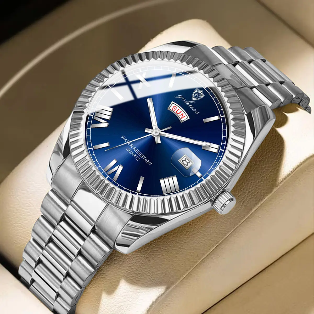 GOHUOS Men's Luxury Dress Watch Blue Dial Stainless Steel Band Quartz Analog Waterproof Luminous Big Face Boss Wrist Watch Fashion watches for men - TikTok Shop GOHUOS Men's Luxury Dress Watch Blue Dial Stainless Steel Band Quartz Analog Waterproof Luminous Big Face Boss Wrist Watch Fashion watches for men - TikTok Shop