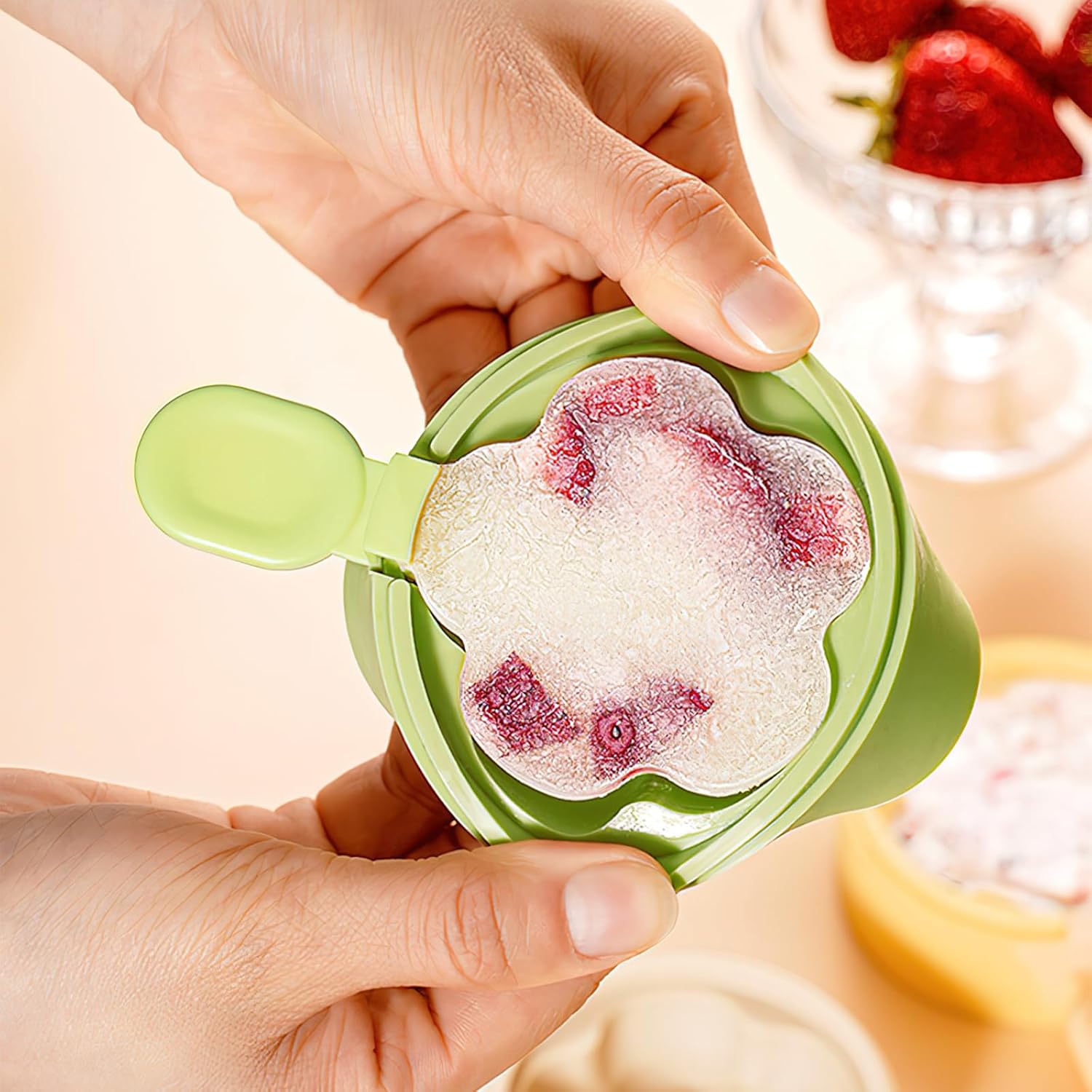 Multi-Layer Ice Cream Mold Flower Shape Silicone Homemade Popsicle Molds Reusable DIY Molds Ice Cream (Green, Double Deck)