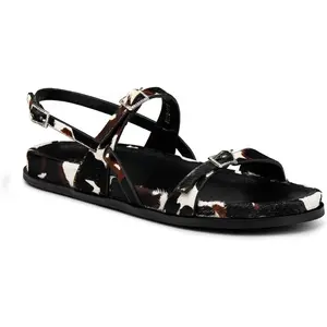 TDD Women’s Genuine Leather Slide Sandals, Horsehair Flat Sandals with Cow Print, Strappy Open Toe Summer Shoes