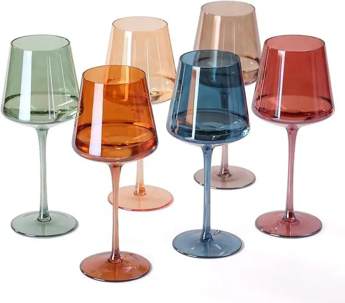 Original Hand Blown Colored Wine Glasses Set of 6-18oz Multi Colored Square Wine Glasses with Tall Long Stems and Flat Bottom,Crystal Colorful Wine Glass-Wedding,Birthday Gifts