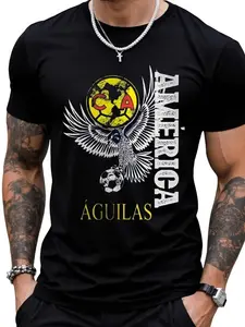 Mexico America Club Eagle Round Neck Graphic T-Shirt, Casual Long Sleeve Fitted Tee, Pure Cotton Breathable Summer Wear, Perfect for Fans, Streetwear