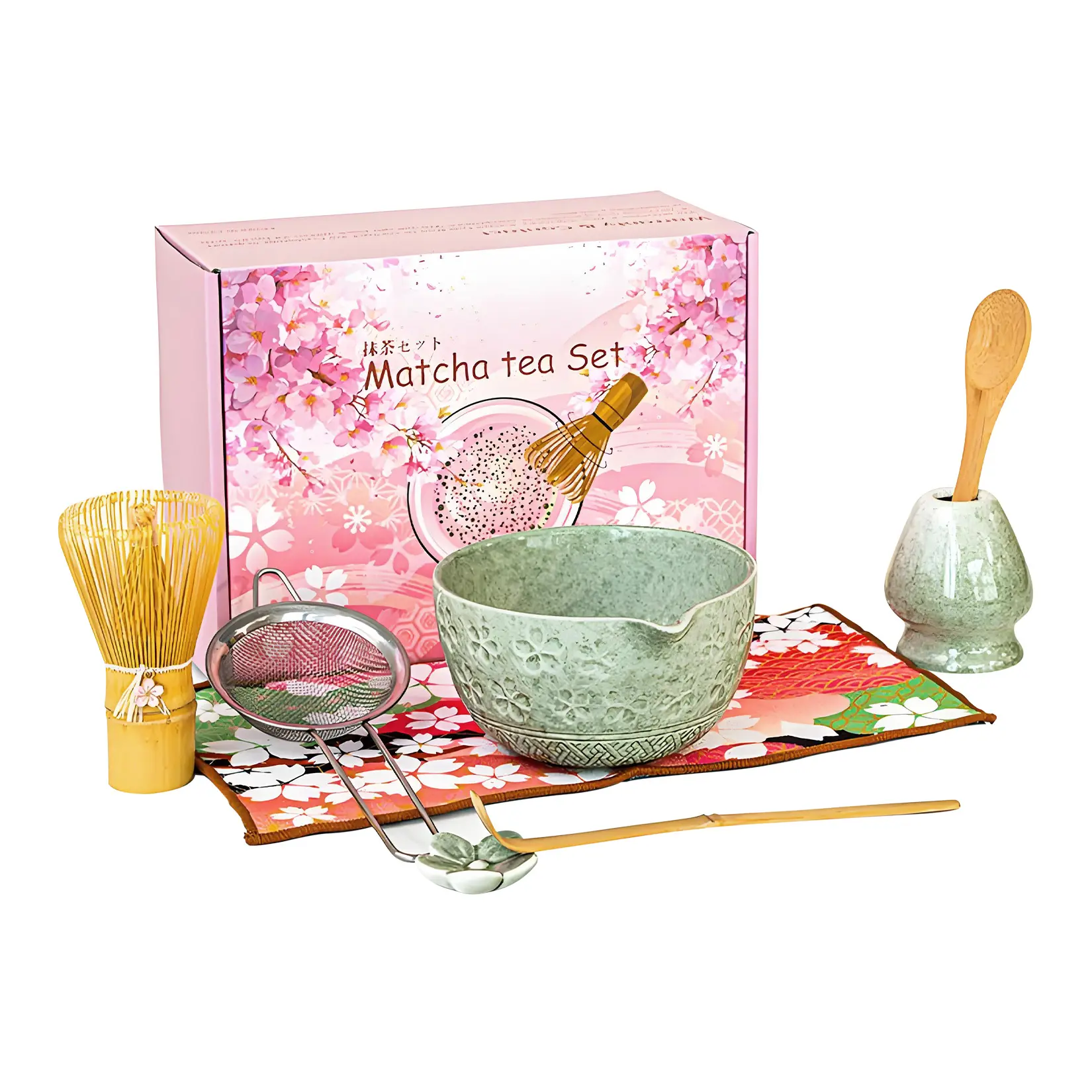 Premium Matcha Whisk Set, Complete 8-Piece Matcha Kit with Ceramic Bowl, Bamboo Whisk, Scoop, Sifter, Holder & Tea Towel – Complete Matcha Set Kit for Beginners and Enthusiasts (Mottled Green)