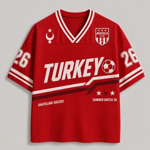 Custom Number Turkey Inspired Soccer Jersey Shirt, Red Mesh Football Fan Jersey, Personalized Summer Match 26 V Neck Sports Top