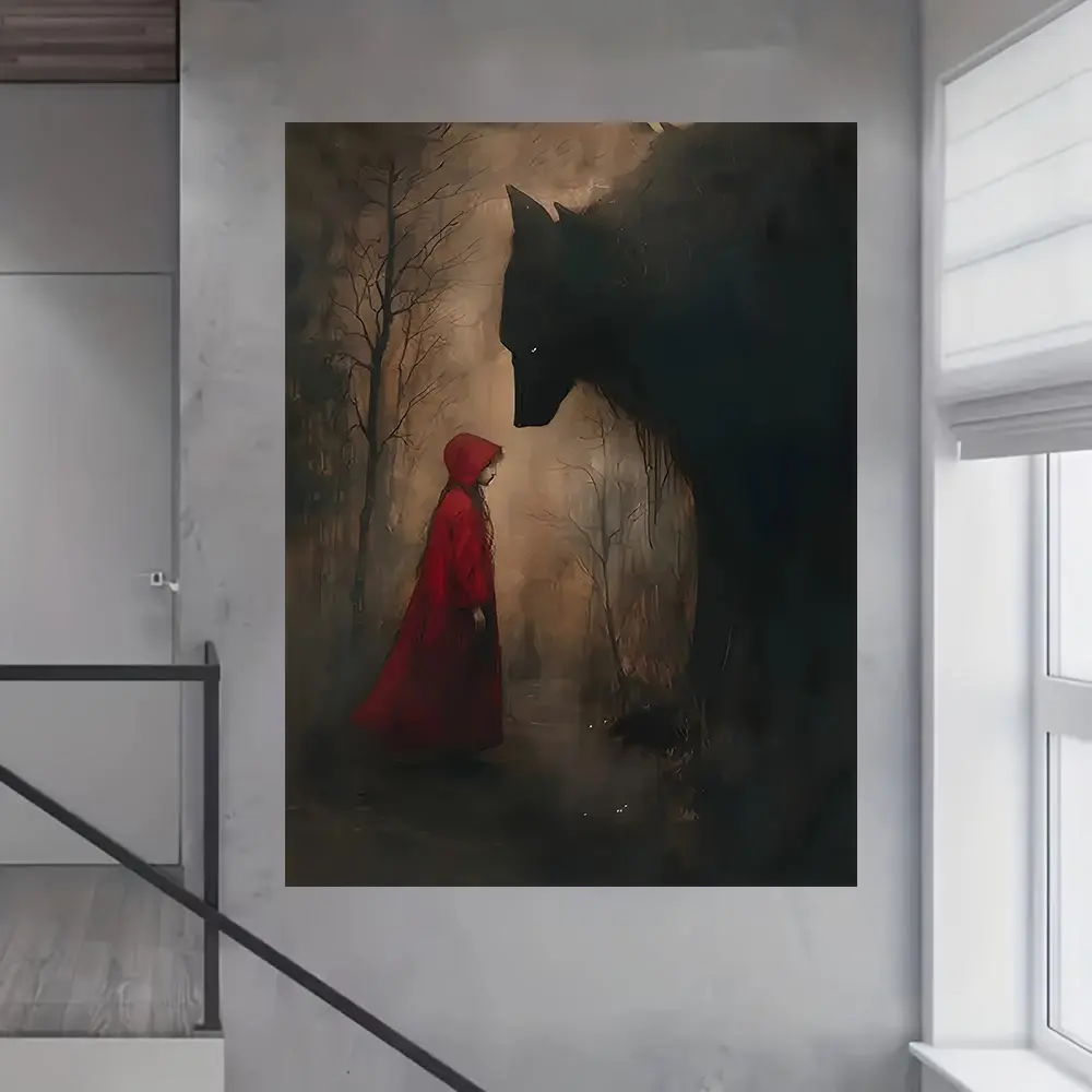 12*16inch Little Red Riding Hood & Big Bad Wolf Frameless Canvas Print - Unframed Rolled Artistic Oil Painting Poster, Whimsical Cartoon Hanging Wall Decor, Home Bedroom Hanging Gift for Enthusiasts