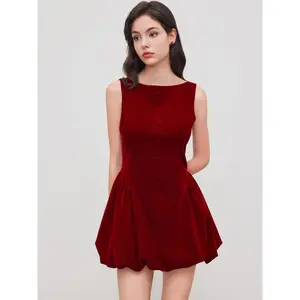 Cider Velvet Boat Neck Ruffle Bubble Hem Mini Dress