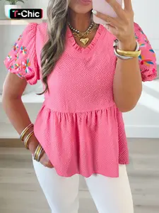 Hotapei Pure Color Pleated V-Neck Floral Embroidered Bubble Sleeve Textured Shirt Blouse, Elegant Women's Top for Casual & Formal Wear