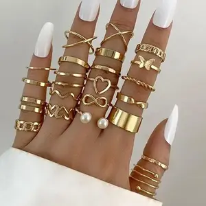 B 22 Pcs Chic Gold Hollow Joint Ring Pack - Boho Trendy Jewelry Stackable Joint Finger Knuckle Rings Set, Summer Cute Gift for Women/Girls(Even Size)