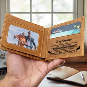 To My Grandson Gifts Ideas, Leather Brown Wallet for Grandson from Grandpa Grandma, Birthday Christmas Graduation Gifts for Grandson