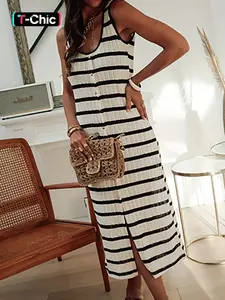 Women's Striped Print Button Decor Sweater Dress, Casual Sleeveless Knitwear for Spring & Summer, Fashion Women's Clothing for Daily Wear, Casual Chic Dress