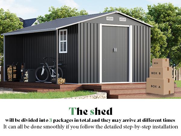 【Ships in Multiple Boxes】AMERLIFE Outdoor Storage Shed with Sliding Doors Two 4-Pane Windows, Open Outdoor Shed for Wood Storage, Dark Grey/White