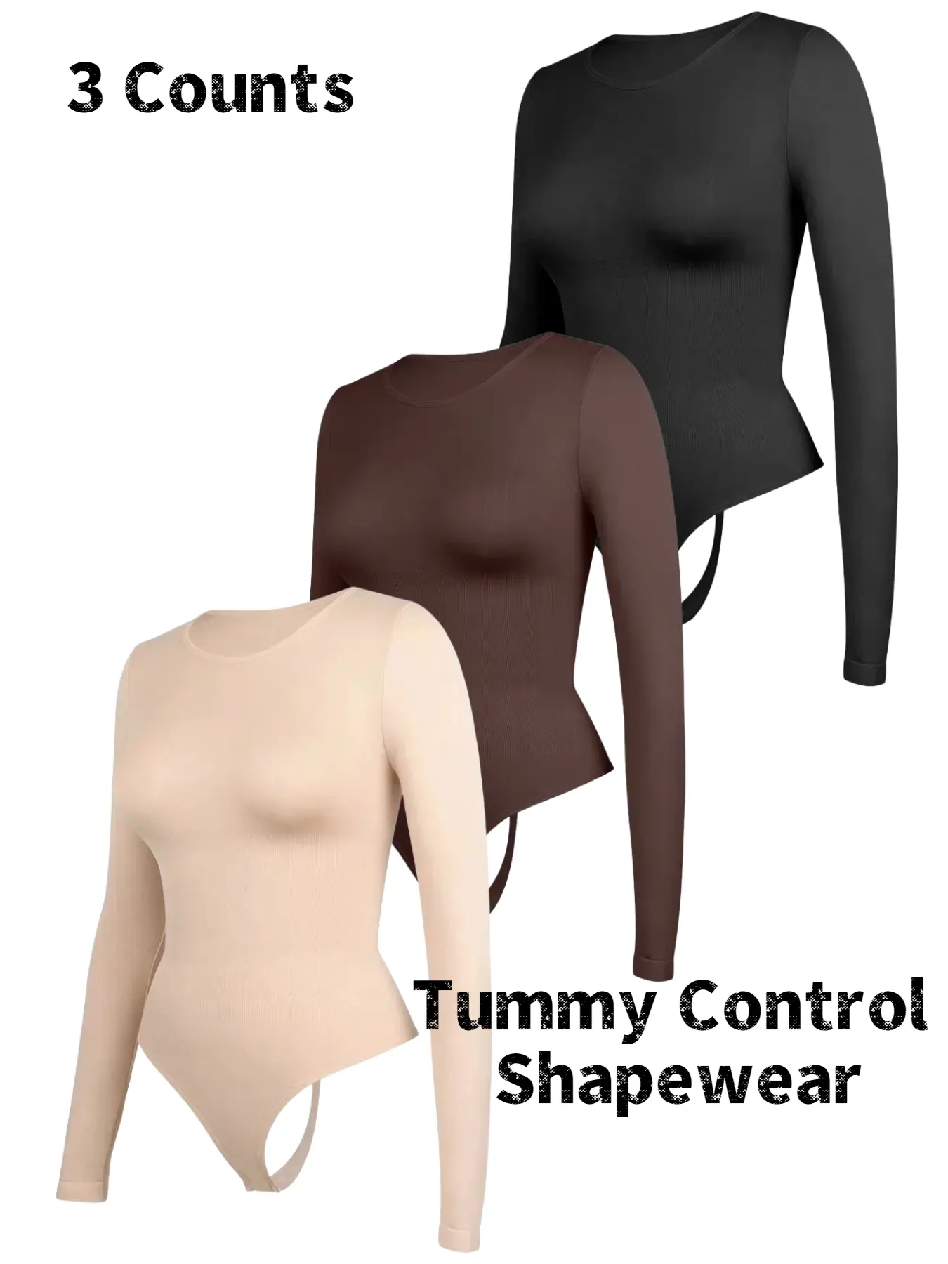 Women's Solid Basic Round Neck Long Sleeve Crop Top Shapewear Bodysuit, Casual Comfy Knit Fabric Tummy Control Butt Lifting Shaper, Ladies Shapewear for All Seasons, Underwear, Body Shapers
