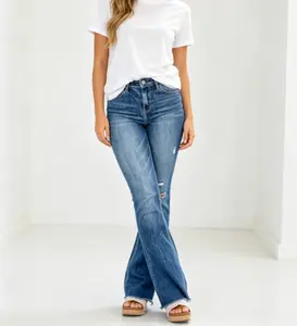 Women's High Waist Stretchy Casual Denim Jeans, Bell Bottom-Flared Bootcut, Ripped Distressed Womenswear