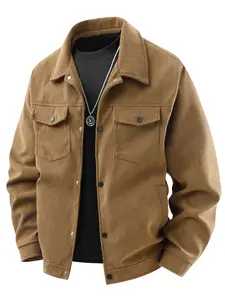 Men's Corduroy Work Jacket with Multi-Pocket Flap Design, Casual Long Sleeve Button Collar, Polyester Material