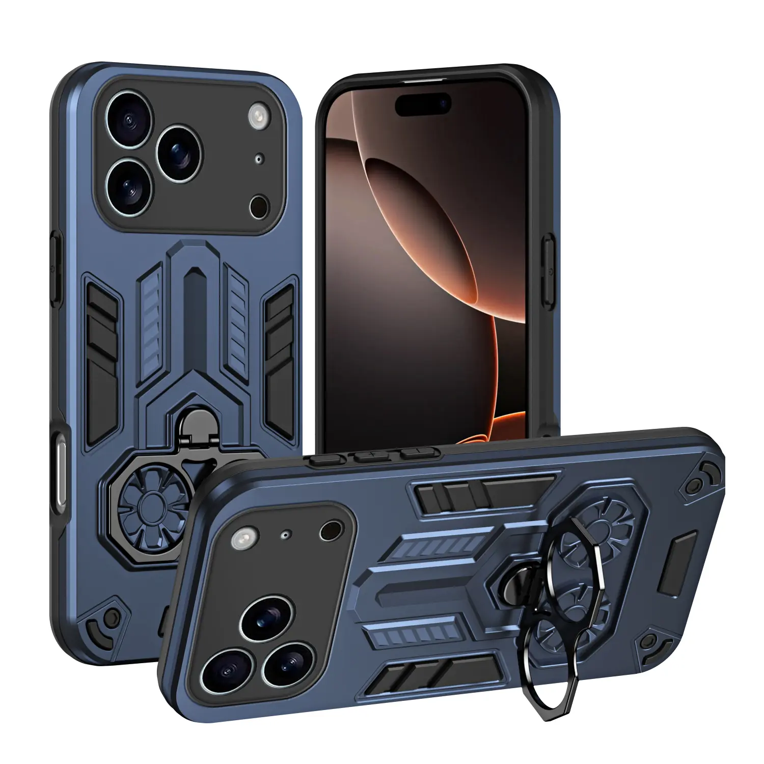 Military Mecha Armor PC+TPU Phone Case for Multi-Model iPhone Series (17/16/15), 360° Rotating Ring Holder, Heavy-Duty Shockproof Cover, Full Camera Protection, Black/Blue Mobile Phone Accessory
