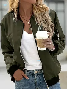 Women's Zip Up Bomber Jacket, Casual Long Sleeve Baseball Collar Fitted Outerwear for Spring & Fall, Ladies Clothes for Daily Wear, Womenswear
