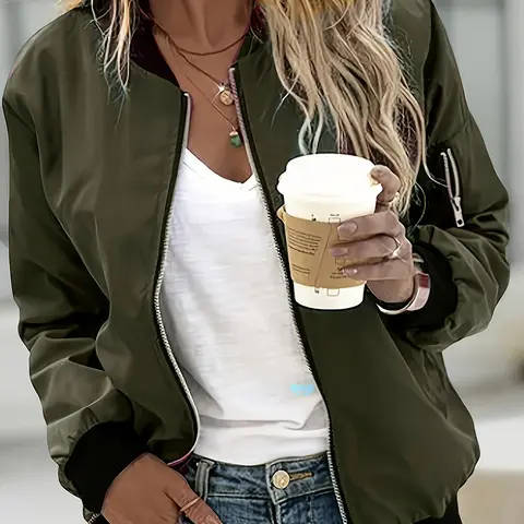 Women's Zip Up Bomber Jacket, Fashionable Jacket, Casual Long Sleeve Baseball Collar Fitted Outerwear for Spring & Fall, Ladies Clothes for Daily Wear, Womenswear