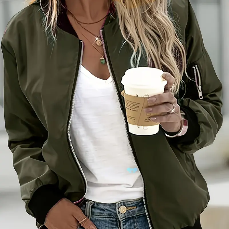 Women's Zip Up Bomber Jacket, Fashionable Jacket, Casual Long Sleeve Baseball Collar Fitted Outerwear for Spring & Fall, Ladies Clothes for Daily Wear, Womenswear