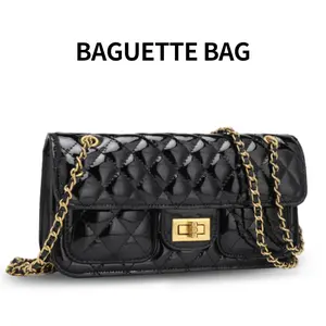 2026 New Black Gloss Leather Diamond Quilted Chain Bag for Women — Versatile Small Square Bag, Stylish Shoulder/Crossbody, Suitable for Commuting and High-End Settings outdoorfun