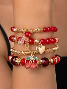 Boho Style Fruit Heart Pendant Beaded Bracelet Set, Trendy Layered Chain Jewelry for Women, Perfect for Daily Wear & Parties