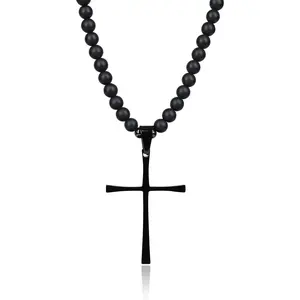 Men's Cross Necklace Black Stone Necklace Onyx Beaded Necklace for Men