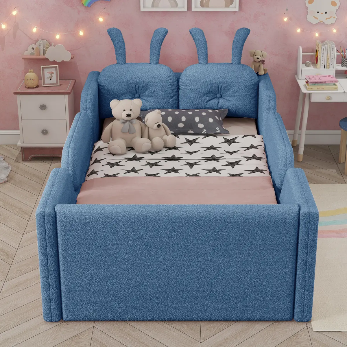 Twin Size Upholstered Panel Bed Frame for Kids Furniture Bedroom, Rabbit-Shaped Cushion, Safety Rails, Wooden Slats, Slatted Bed Base, No Box Spring Required, Easy Assembly, Blue