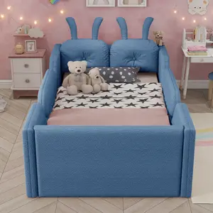 Twin Size Upholstered Panel Bed Frame for Kids Furniture Bedroom, Rabbit-Shaped Cushion, Safety Rails, Wooden Slats, Slatted Bed Base, No Box Spring Required, Easy Assembly, Blue