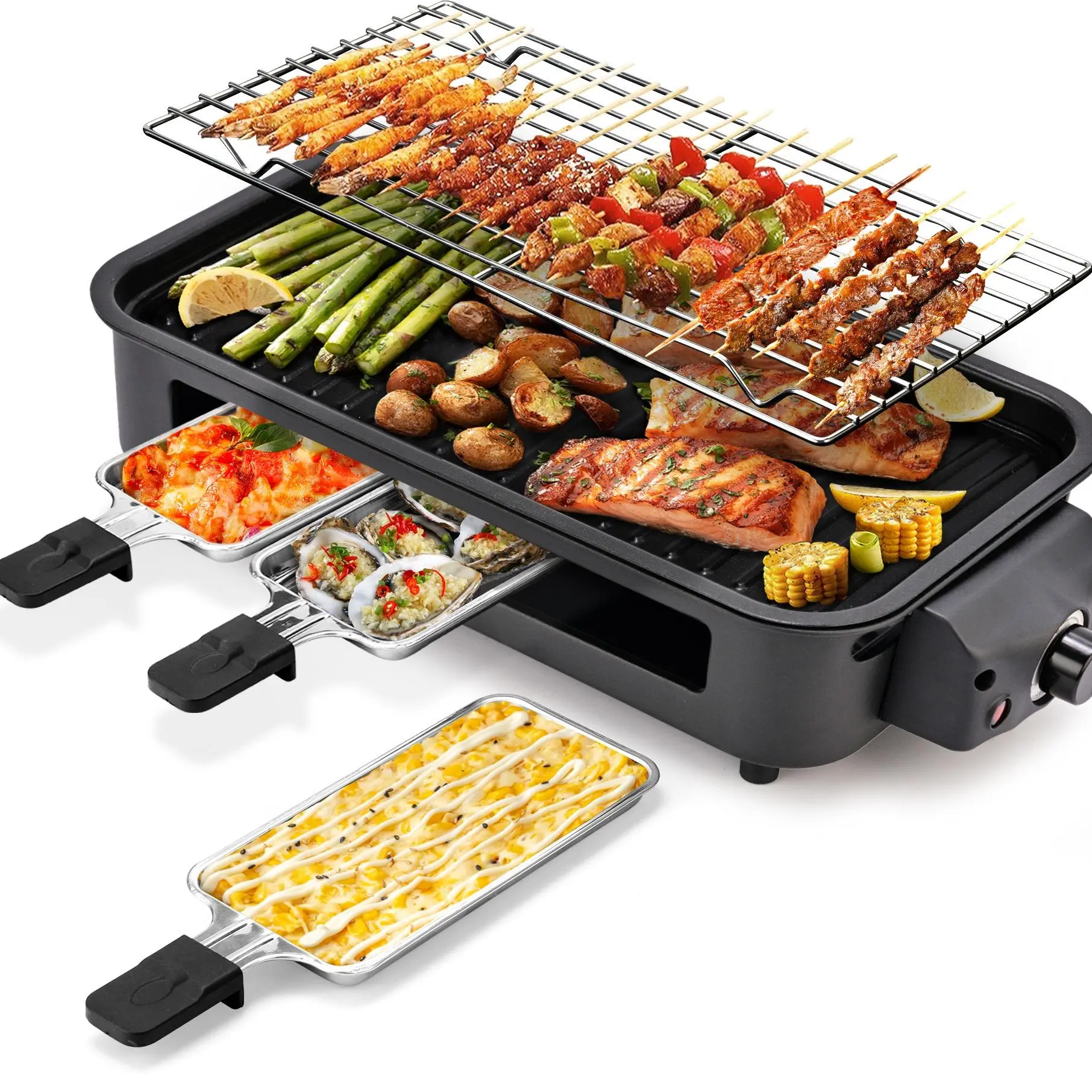 Pukomc 1500W Portable Stainless Steel Electric Grill - Nonstick Coating Griddle, Adjustable Temp, Compact Dishwasher-Safe Indoor Smokeless Appliance for Couples' Healthy Meals, BBQ