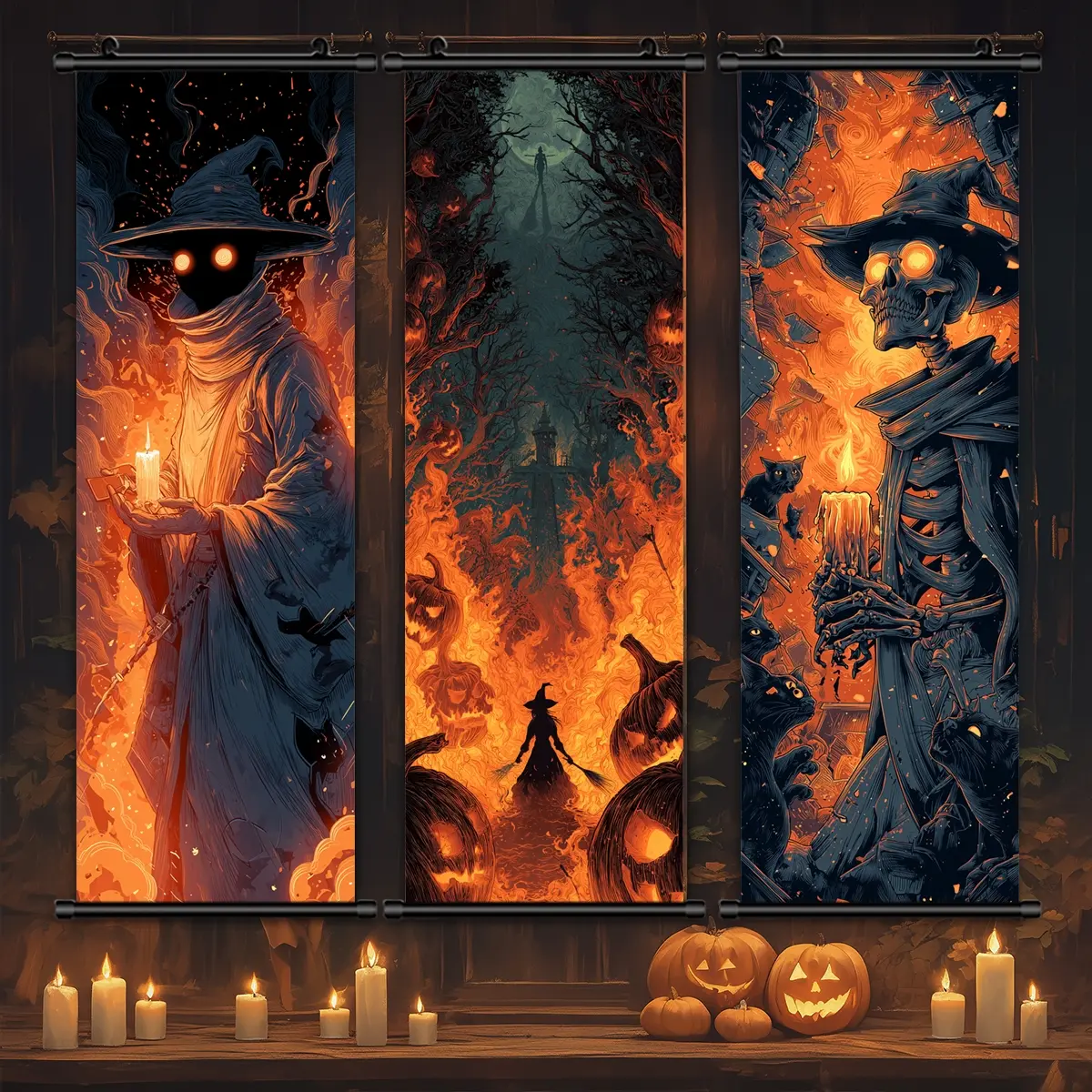 3 Counts Halloween Hanging Banner, Halloween Flame Ghost Poster, Skeleton Man, Halloween Decorative Poster, Exquisite Gift, Horrible theme, Creative Party Poster, Living Room, Home Decoration, Wall Decor, High Definition, Print, Artwork