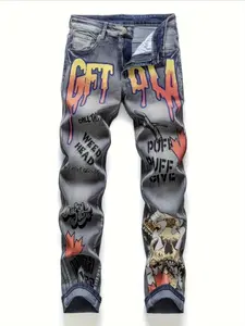 Men’s straight-leg jeans with Y2K graffiti print, European & American fashion trend