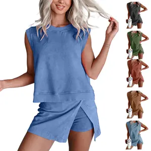 SCUSTY Women's 2 Piece Set Mineral Washed Cotton Loungewear Set Summer Tank Top Lined Split Athletic Skirt Suits