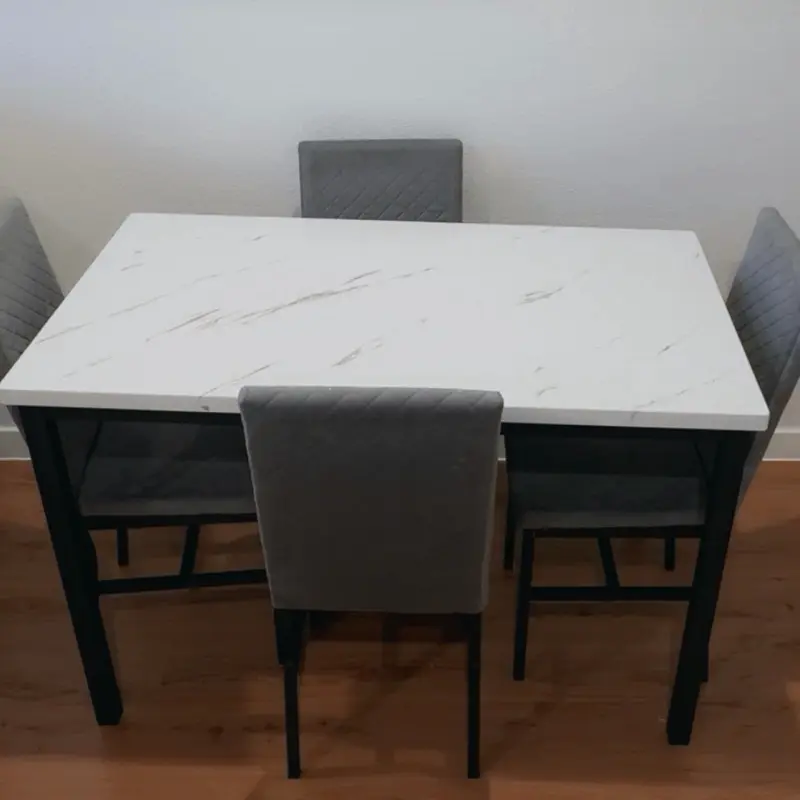 Modern Faux Marble Dining Table Set with 4 Upholstered Chairs – White & Gray