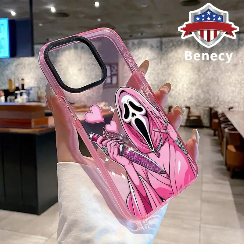 Soft Case for iPhone 17 16 Pro Max 15 Plus 14 13 12 11 Air Halloween Cute Pink Horror Ghost Love Anti-Yellowing Shockproof ultra-thin Silicone Cryst