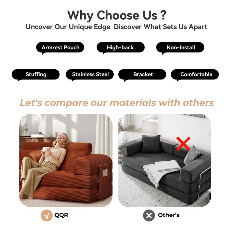 5-in-1 Reinforced Folding Sofa Bed | 79" Steel Support Frame with High-Resilience Memory Foam | Sturdy & No Tools Needed for Family Living Room