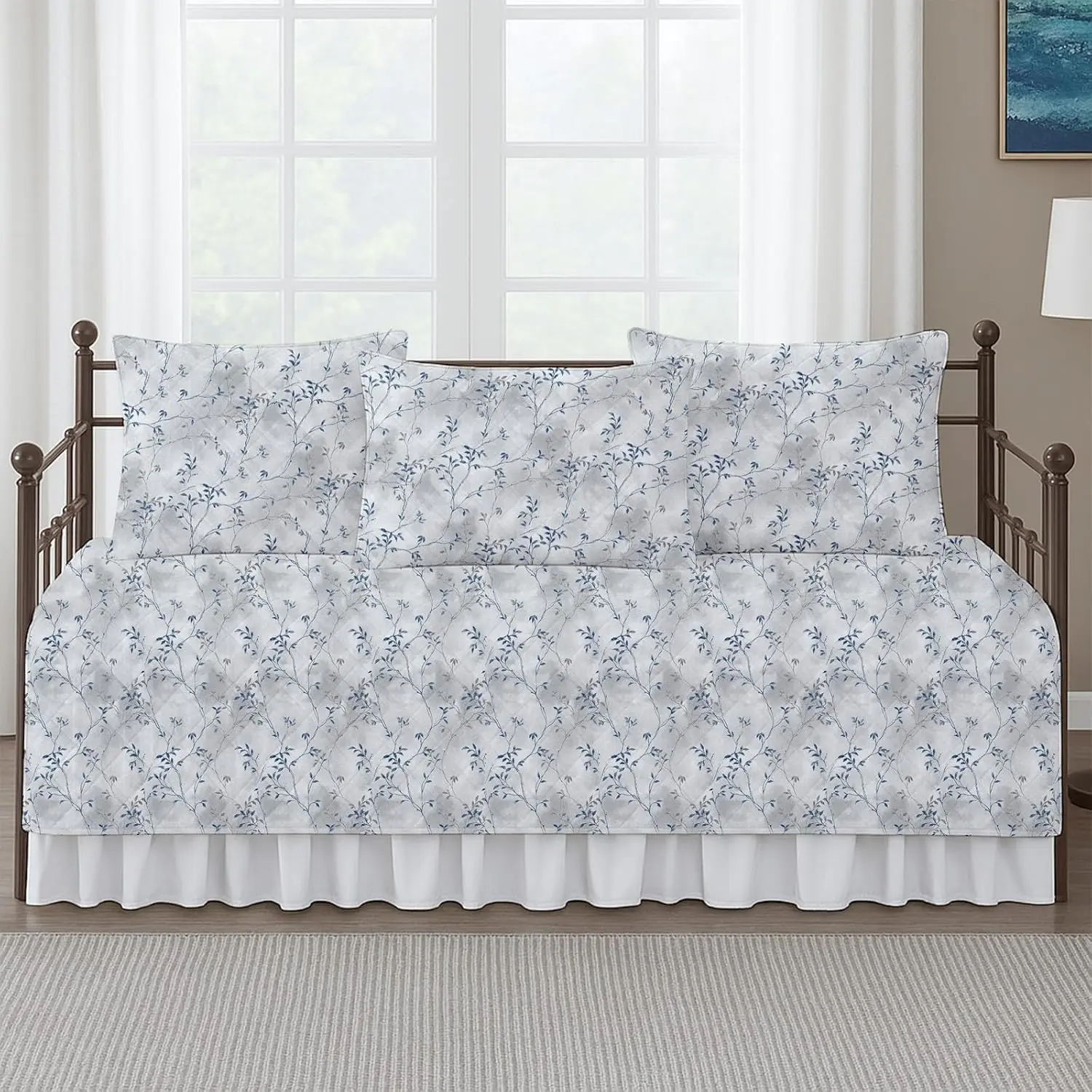 Twin Quilted Daybed Cover Set - 5-Piece Brushed Microfiber Bedding Set with Ruffle Skirt & 3 Matching Pillow Shams, Soft Durable All-Seasons Cozy Comforters, Neutral Nature