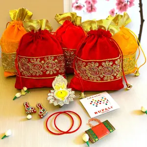 Sacred Varalakshmi Vratham Gift Set | Velvet Potli Bags, Haldi Kumkum, Lakshmi Feet | Perfect for Navaratri, Pooja, Housewarming