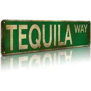 Tequila Way Vintage Rustic Metal Street Sign 4x16 Inch, Funny Retro Wall Decor Dopaminedecor