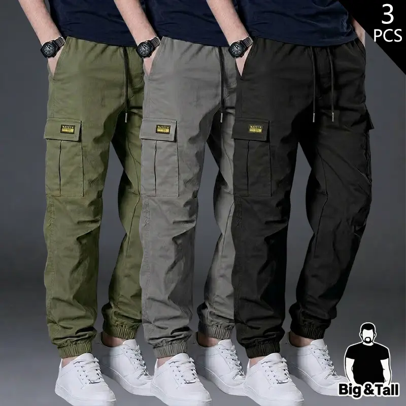 3-pack men’s casual versatile plus-size cargo pants with flap pockets and drawstring, mid-rise, all-season outdoor workwear, casual style, suitable for weekend outings, casual outdoor wear | casual slim fit pants | functional pockets