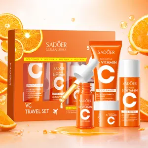 A box of vitamin C skincare travel set for business trips and travel, easy to carry, rich in vitamin C skincare essence, facial cleanser, essential oil, toner, and face cream, perfect as a gift for mom and best friends. Daily