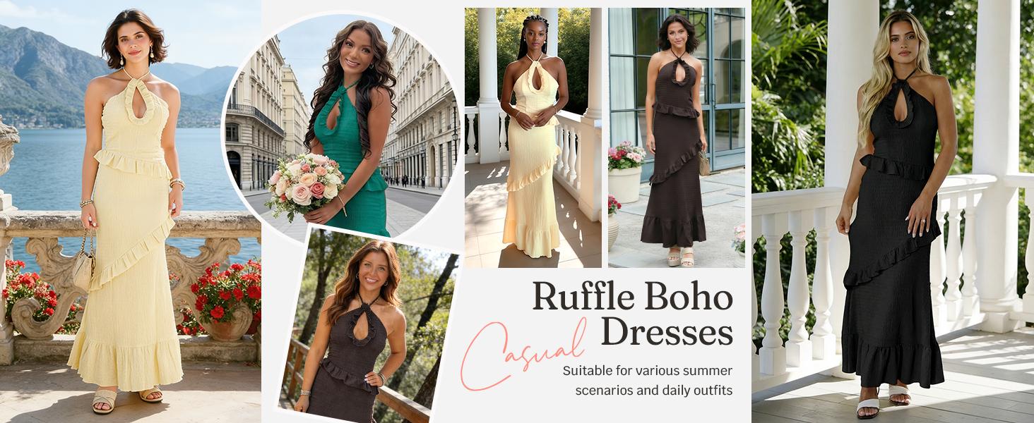 Wenrine Women's Sexy Halter Maxi Dress Cutout Sleeveless Ruffle Tassel Backless Party Club Summer Dresses