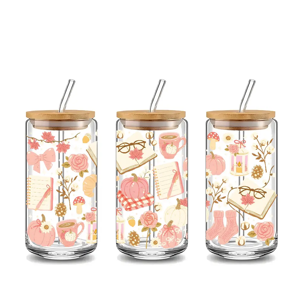 Trendy Autumn Pumpkin & Book Plaid Design 16oz Clear Glass Can Cup with Lid and Straw, Tumbler, Reusable Glass Drinking Cup, Glass Jar for Iced Coffee, Cold Drinks, Warm Autumn Style Glassware, Perfect Gift for Fall Decor Lovers